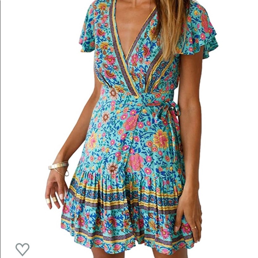 Floral Wrap Mini Dress in Turquoise